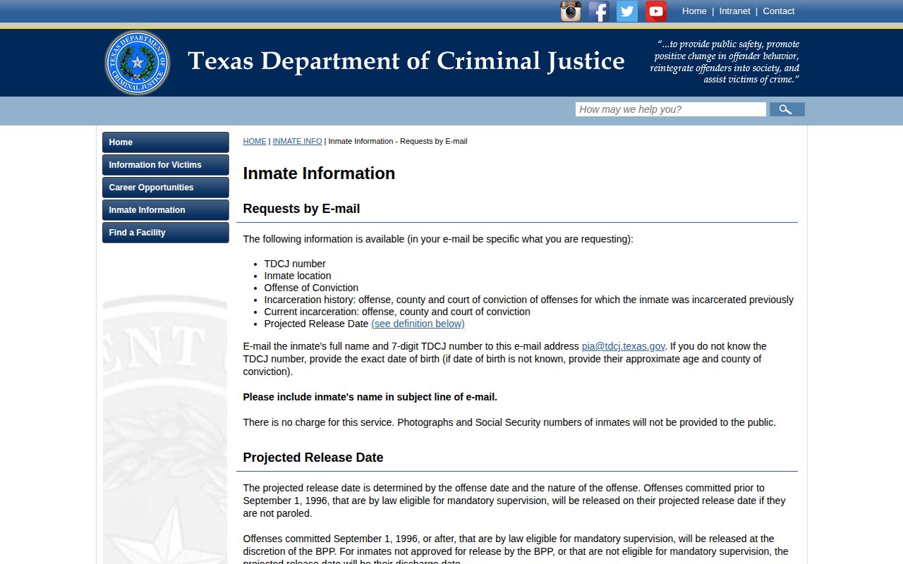 TDCJ email information page for offender history and projected release details
