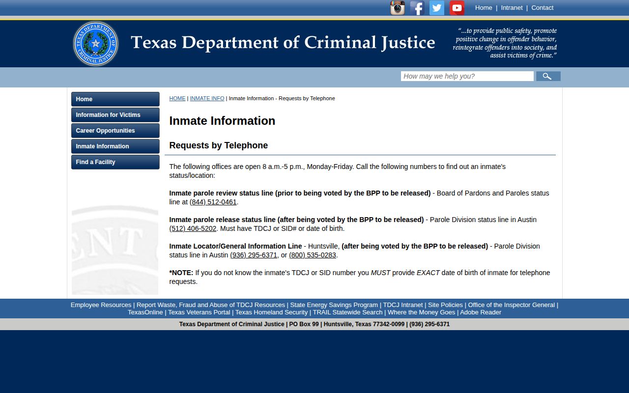 Sterling County TDCJ release record telephone verification instructions