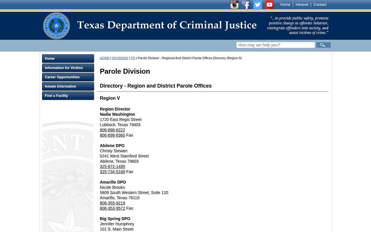 San Angelo District Parole Office contact for Sterling County releases
