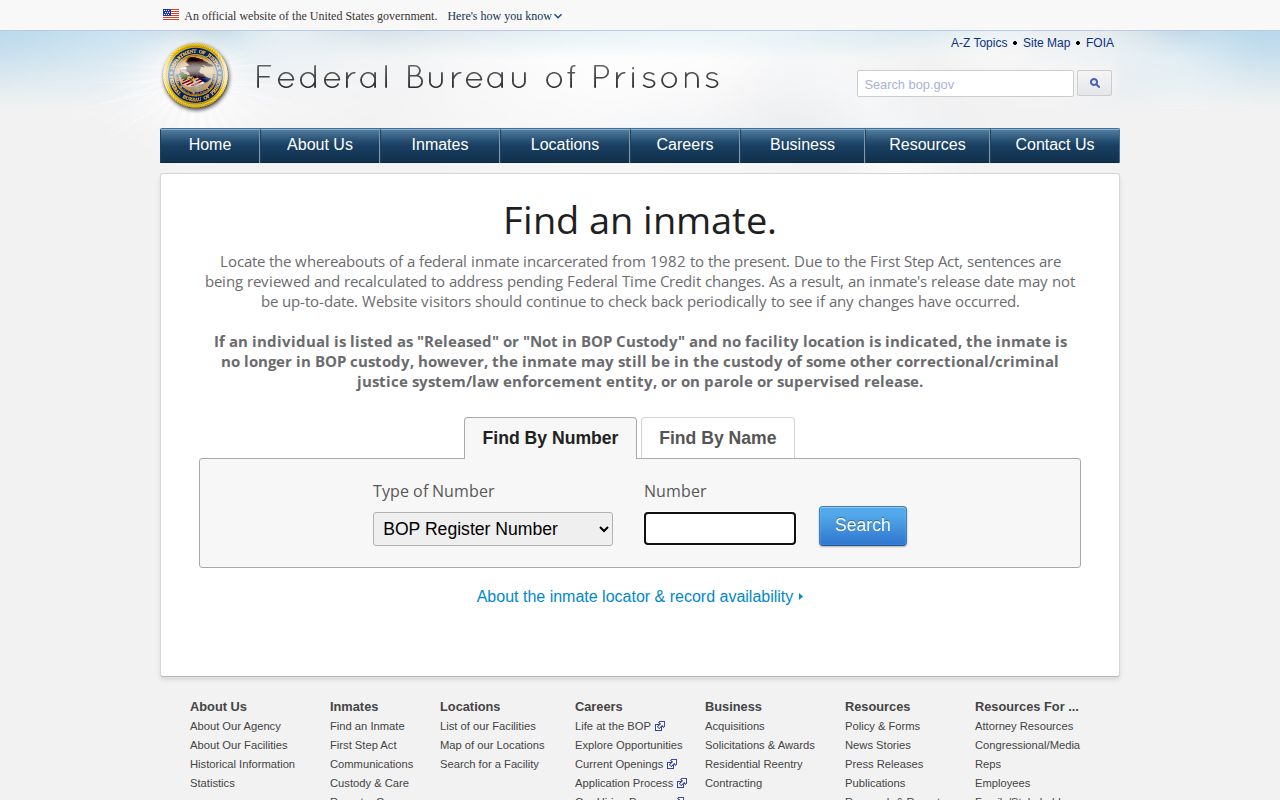 Federal Bureau of Prisons release locator for a Sterling County federal case